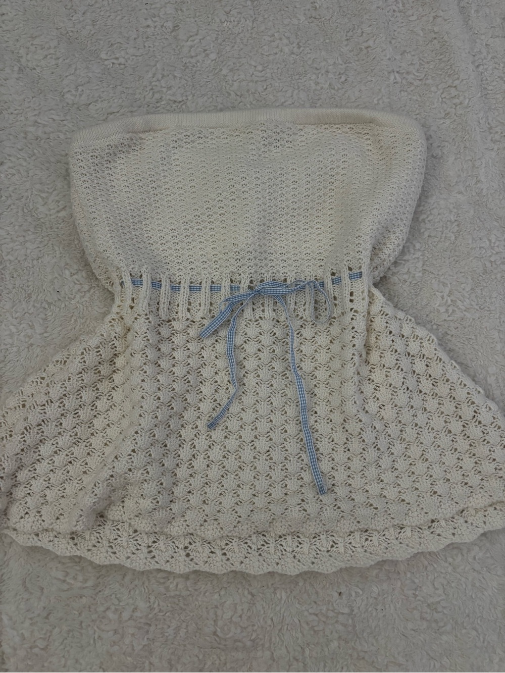 Hollister Cream Crochet Strapless Dress with Light Blue Tie